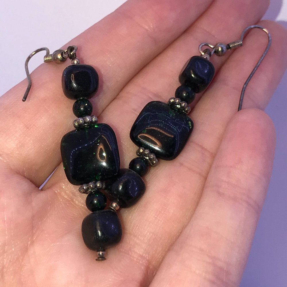 Green Goldstone and Onyx Earrings
